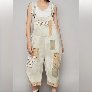 POL Cream Patchwork Cropped Overalls  with Floral Accents